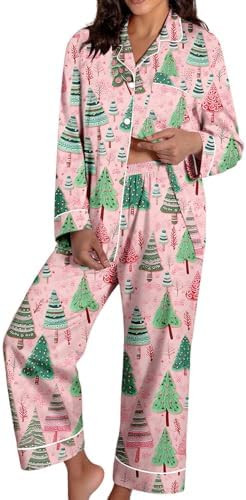 Satin Silk Christmas Pajamas Set for Women Winter Cute Holiday Xmas Graphic Button Up Shirt+Pants... | Amazon (US)