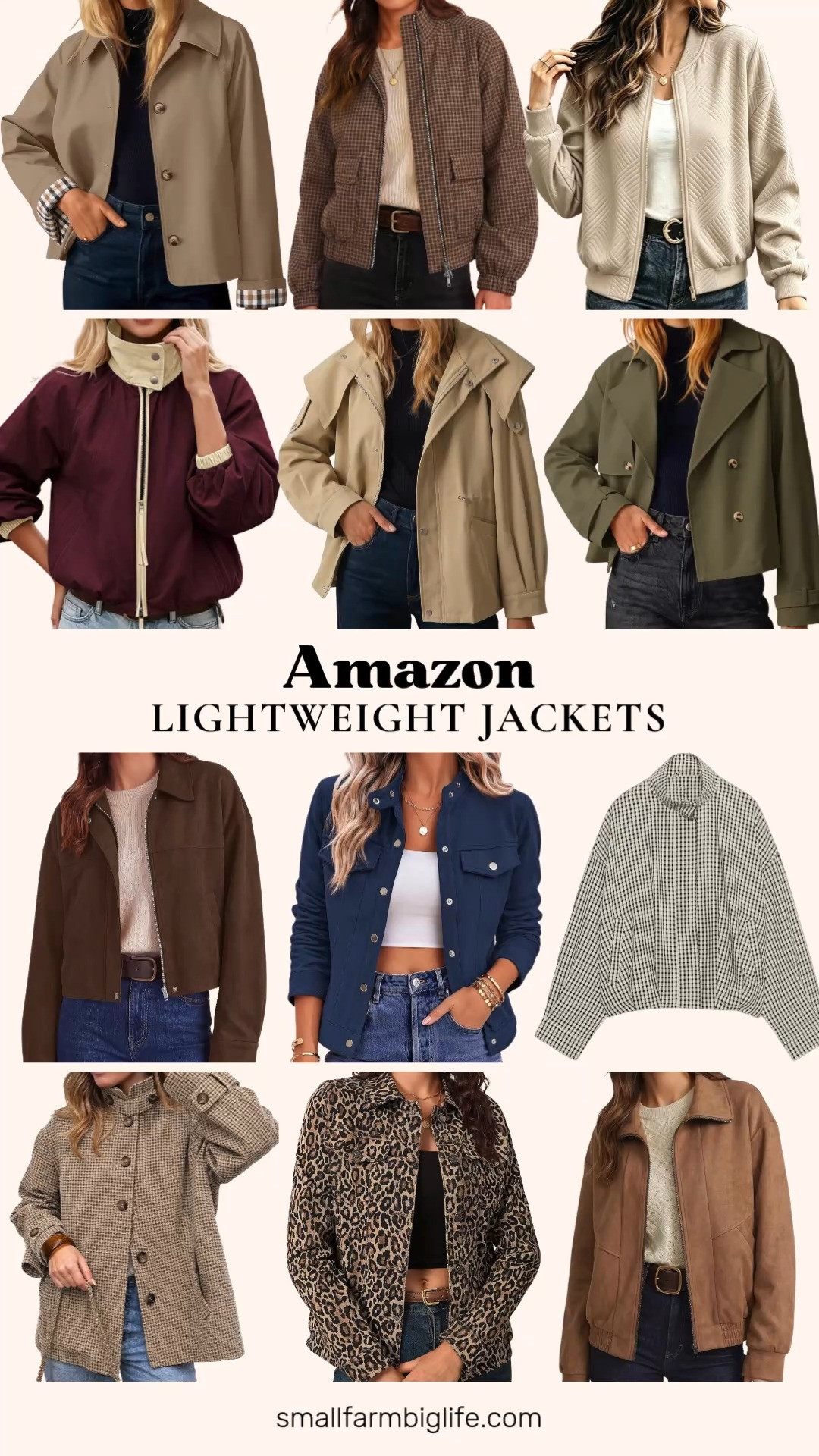 These lightweight jackets from Amazon are such an easy way to layer for autumn outfits without feeling too heavy.

The luvamia Leopard Cheetah Print Denim Jacket has such a fun, retro 90s feel, and the black and white Plaid Bomber Jacket brings a classic checkered pattern with a stand collar. For something more polished, the dark brown PRETTYGARDEN Faux Suede Cropped Jacket and the navy Zeagoo Faux Suede Cropped Shacket both have that trendy, going out shacket look.

For plaid options, the dark khaki and brown Tankaneo Plaid Barn Jacket is perfect for business casual workwear or travel, and the brown and tan Cropped Plaid Zip Up Jacket and the khaki ZESICA Cropped Plaid Trench Coat both bring a fun, vintage inspired print into the mix.

If you want something warmer, the chestnut Dokotoo Faux Suede Jacket has a loose, comfortable fit, and the pale khaki Dokotoo Drawstring Hooded Trench Coat is great for cooler, breezier days.

Rounding things out, the beige Bomber Jacket has such a soft, textured feel for casual fall outfits, and the burgundy and beige Puffed Collar Bomber Jacket and the olive green Dokotoo Crop Double Breasted Trench Coat both bring a trendy, cropped silhouette that works well for the office or a casual day out.

So many great lightweight layering options to shop for fall, all linked for you.

#amazonfashion #fallfashion #falloutfits #autumnoutfits #businesscasual 

 #LTKootd #LTKOver40 #LTKWorkwear