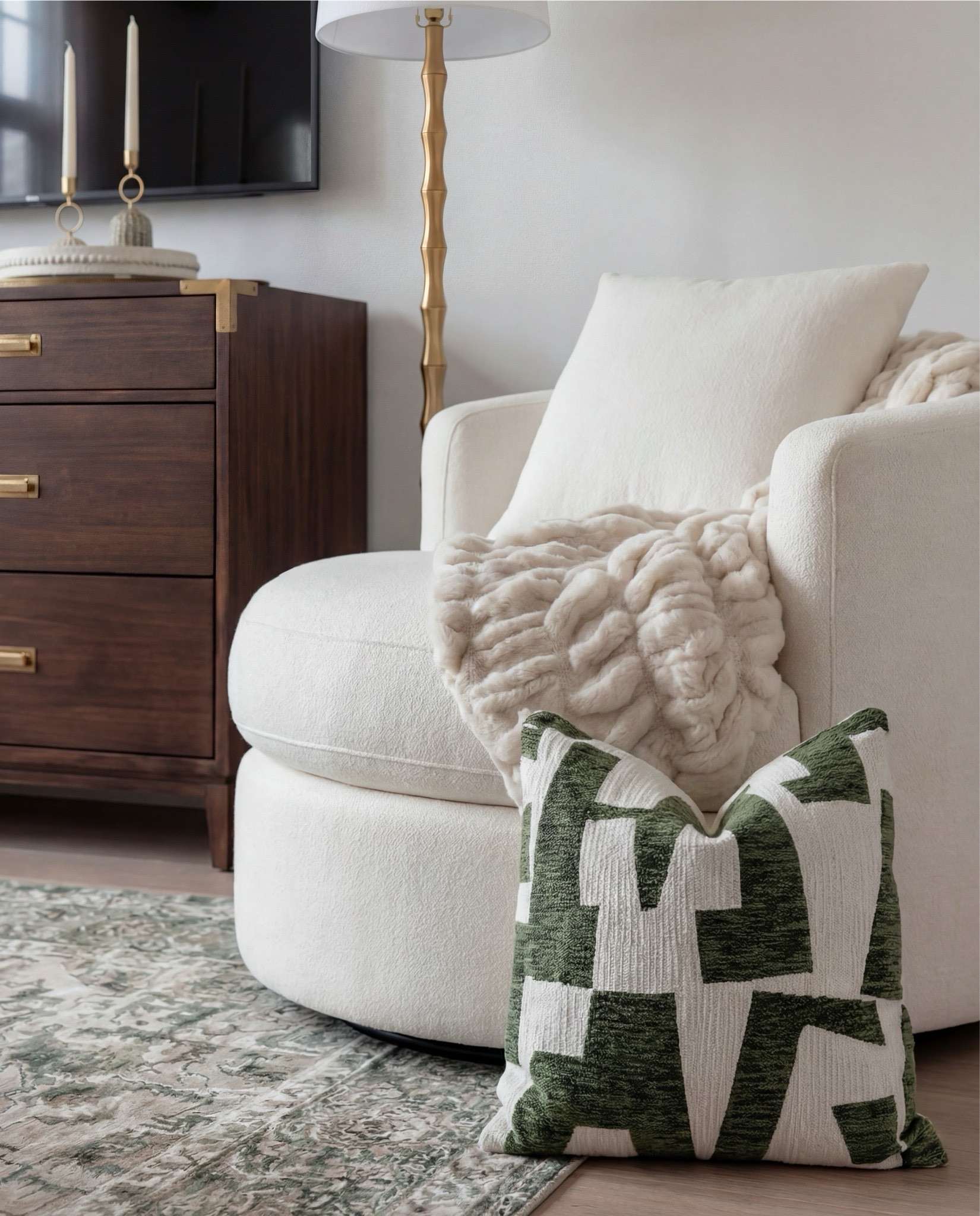 Shop the Look:
• White upholstered arched headboard bed
• White cotton duvet cover + pillow shams
• Green vintage-style area rug (distressed pattern)
• Brown chunky knit throw blanket
• Dark wood nightstands with cane doors
• White ceramic table lamp (round base)
• Brass wall sconces with glass shades
• Organic shape gold wall mirrors
• Black and beige abstract framed wall art
• Green geometric throw pillows
• Upholstered brown bench (channel tufted)
• Dark wood dresser with brass pulls
• Round ivory accent chair
• Cream throw blanket (soft knit texture)
• Tall brass floor lamp with white shade
• Decorative book stack (neutral tones)
• Small wood decorative box
• Brass round tray
• White pedestal decorative bowl
• Marble candle holders with brass rings
• Taper candles (ivory)
• Large ceramic vase with dried stems

#LTKSaleAlert #LTKHome