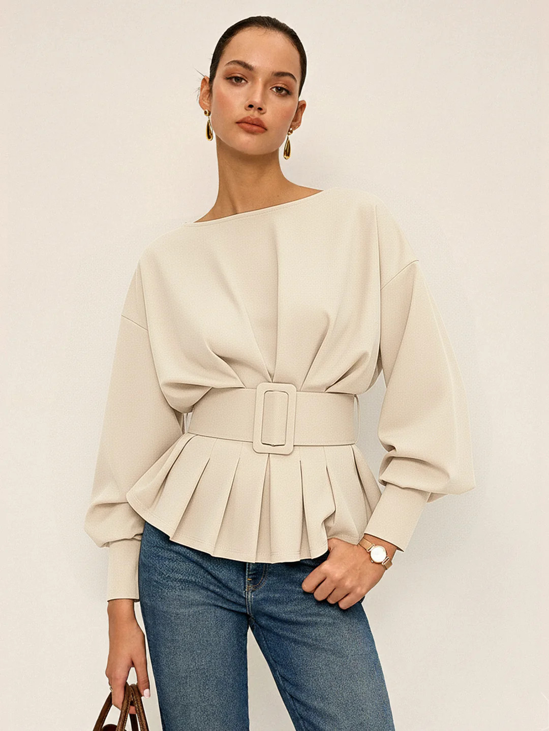 Boat Neck Peplum Sweatshirt with Wide Belt | Commense