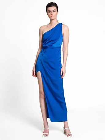 NY & Co Women's One-Shoulder Pleated Satin Midi Dress - Do+Be Bright Blue Size Large Spandex/Polyest | New York & Company