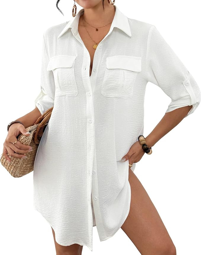 Bsubseach Women 3/4 Sleeve Button Down Swimsuit Coverup Beach Shirt Dress | Amazon (US)