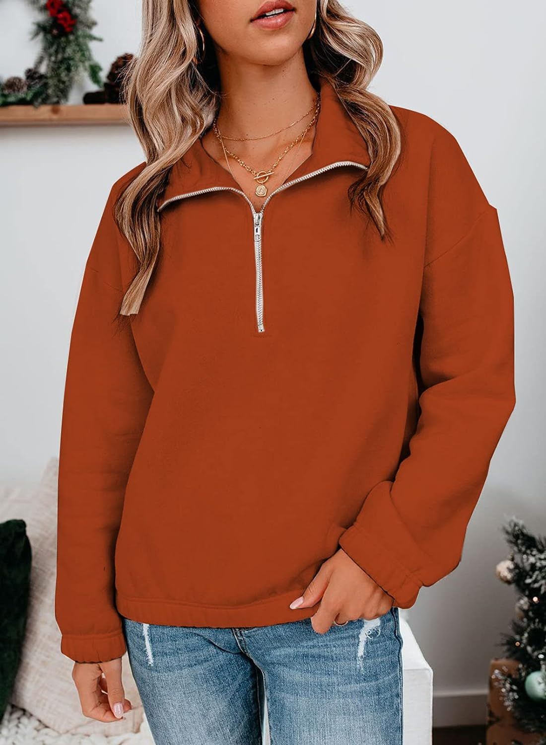 BTFBM Women's Sweatshirts Casual Zip Up V Neck Lapel Collar Cozy Long Sleeve Solid Color Loose Pu... | Amazon (US)