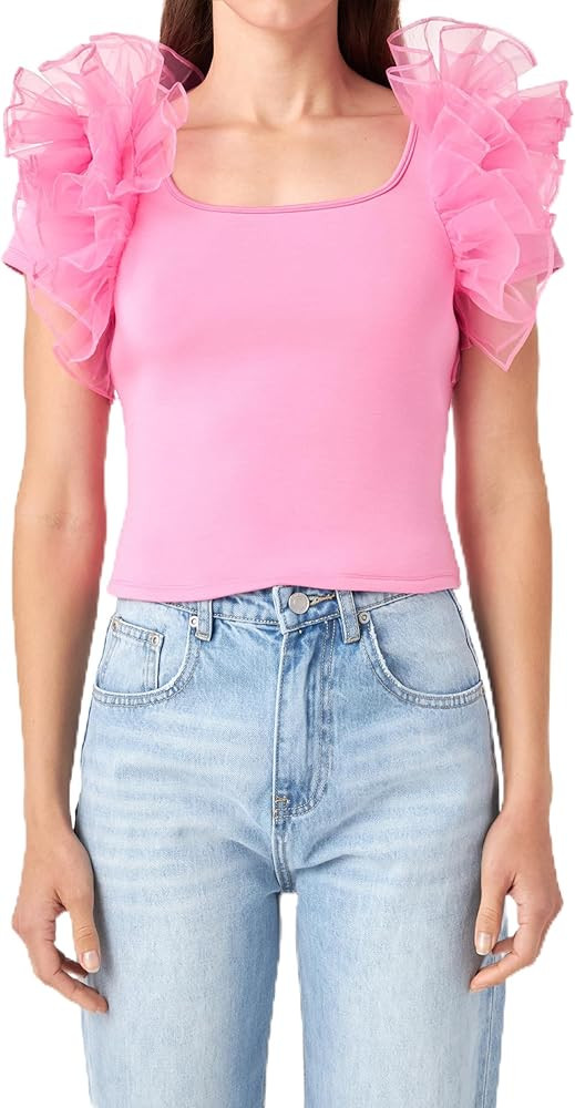 English Factory Women's Contrast Organza Top, Pink, XS | Amazon (US)