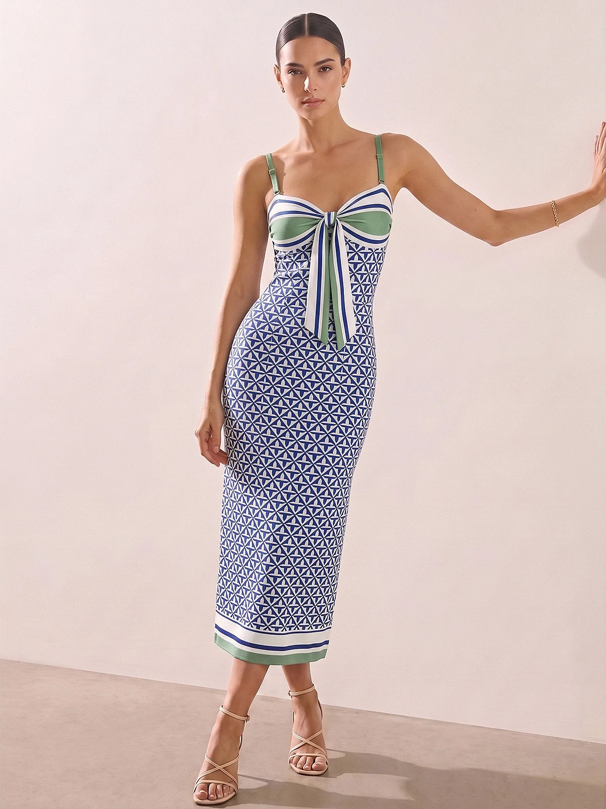 Geometric Print Tie-Front Slit Maxi Slip Dress | Commense