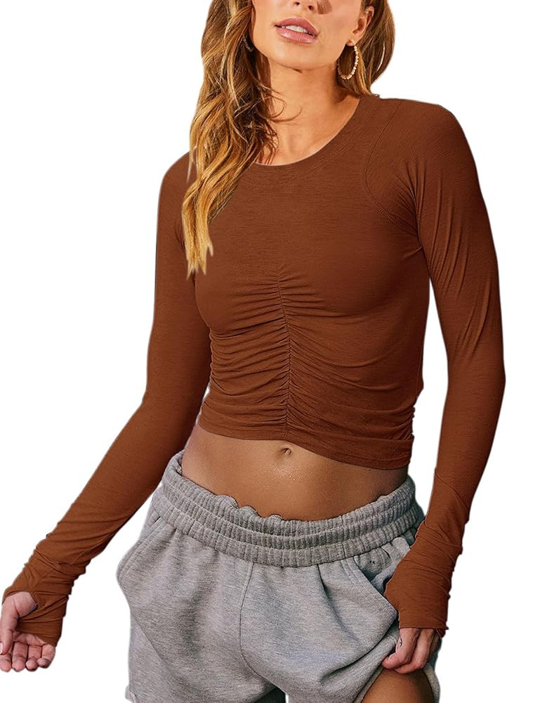 Vivitulip Women’s Long Sleeve Shirts Basic Fall Ruched Slim Fitted Crop Tops Tight Athletic Blo... | Amazon (US)