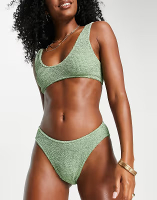 ASOS DESIGN mix and match crinkle high leg hipster bikini bottom in khaki | ASOS (Global)