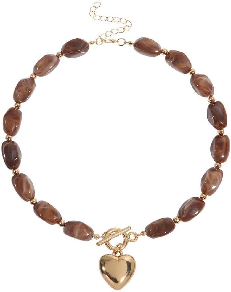 Golden Heart Resin Beaded Choker Necklace for Women Puff Love Hearted Charm Acrylic Irregular Beads Toggle Clasp Collar Necklaces Adjustable Chain 20" Boho Summer Beach Jewelry for Surfer Her | Amazon (US)