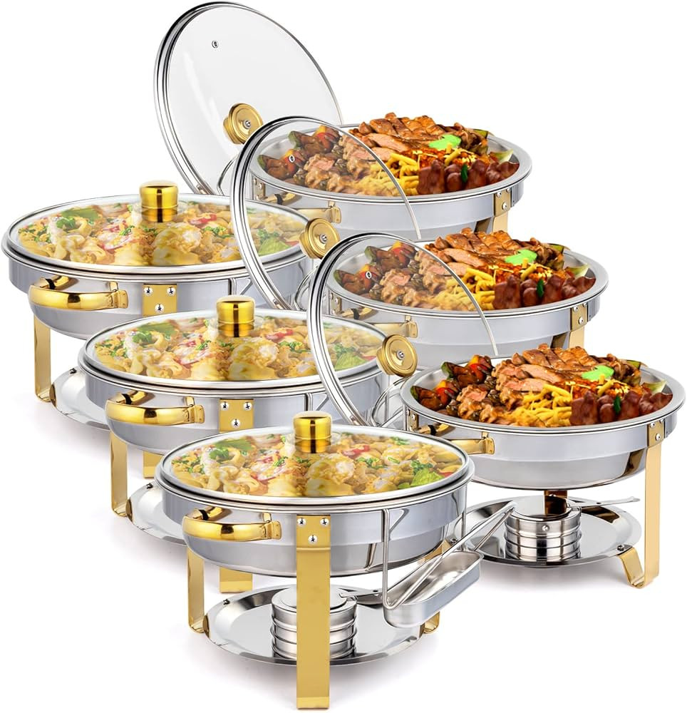 ROVSUN 5QT 6 Pack Chafing Dish Set Gold Accent, Round NSF Stainless Steel Buffet Warmer Chafers w... | Amazon (US)