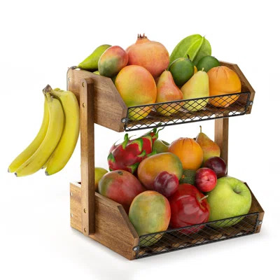 Fruit Basket For Kitchen, 2 Tier Fruit Bowl With Banana Hanger, Acacia Wooden Kitchen Counter, Fruit And Vegetable Storage For Potato, Onion, Bread An | Wayfair Professional