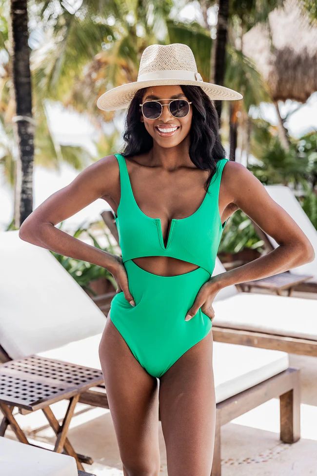 Summer Goddess Green Ribbed Notched One Piece Swimsuit | The Pink Lily Boutique
