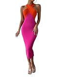 WDIRARA Women's Deep V Neck Cut Out Split Side Backless Midi Bodycon Halter Dress | Amazon (US)
