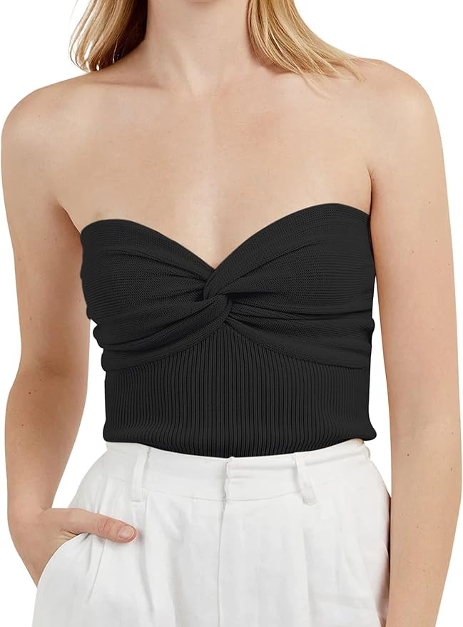 MISSACTIVER Women’s Sexy Twist Front Knitted Tube Top Strapless Solid Ruched Rib-Knit Crop Top ... | Amazon (US)