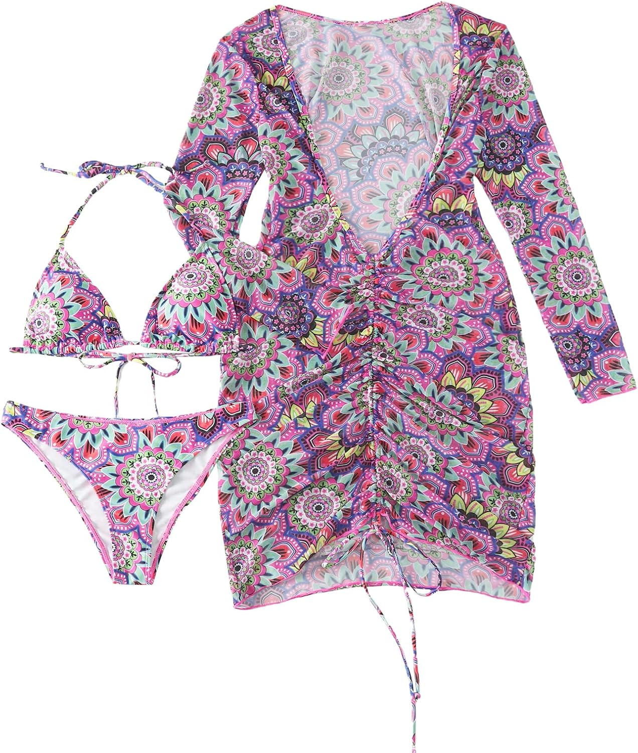 SOLY HUX Women's Printed Triangle Halter Bikini Bathing Suit with Cover Up 3 Piece Swimsuits Swim | Amazon (US)