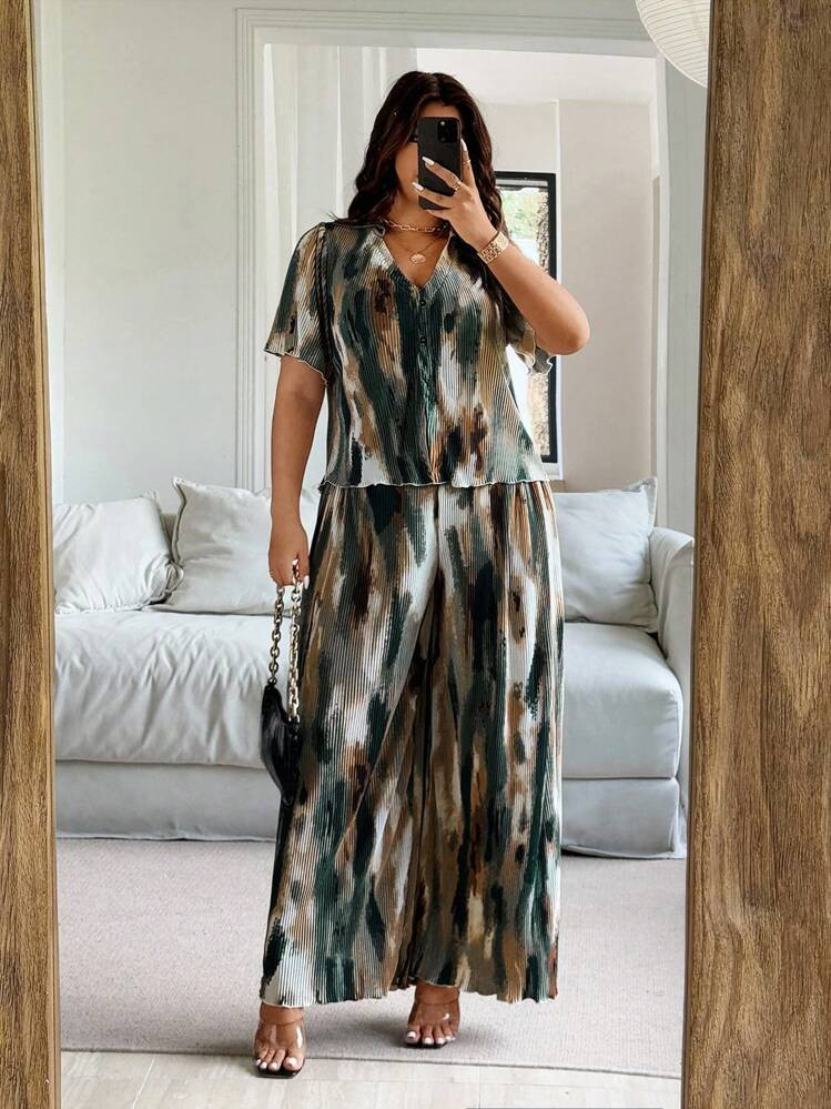 Vionelle 2pcs/Set Plus Size Women Wide Leg Pants And Frill Trim Short Sleeve Blouse, Loose Fit Tie Dye Outfit | SHEIN