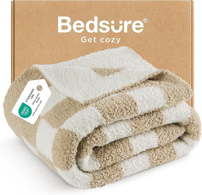 Bedsure GentleSoft Cozy Soft Throw Blanket for Couch, Beige Checkered Fluffy Blanket, Lightweight... | Amazon (US)