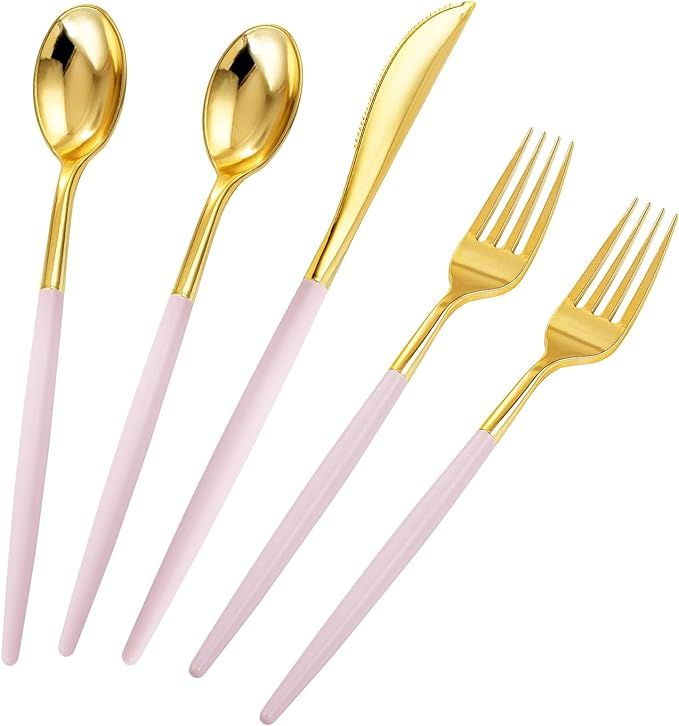 Rubtlamp 90Pcs Gold Plastic Silverware, Gold Plastic Utensils With Pink Handles Include 30 Plasti... | Amazon (US)