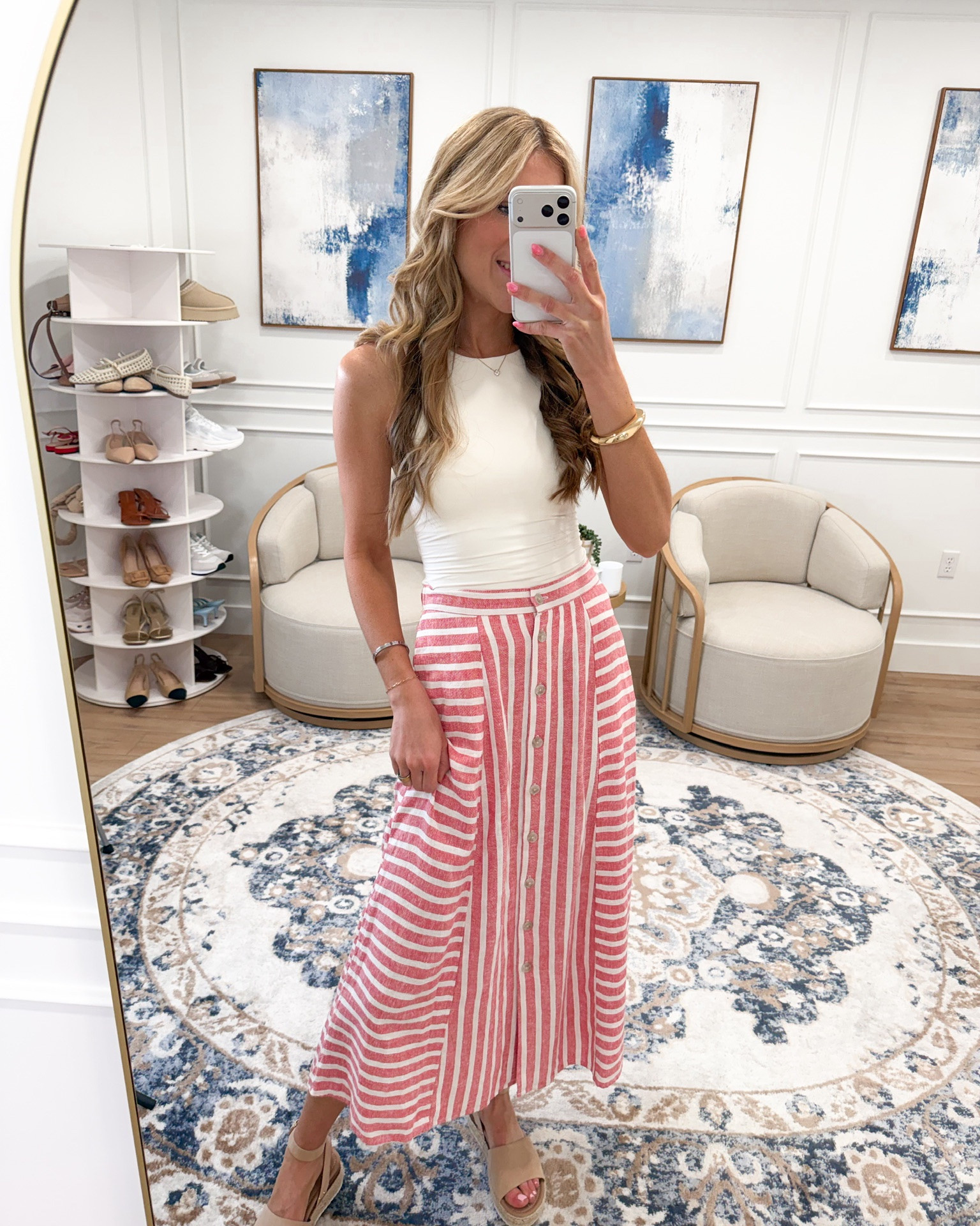 @Target red striped midi skirt just became the summer piece I didn’t know I needed — and I am completely obsessed 🩷☀️✨
The button front detail, the linen blend fabric, the way it pairs so perfectly with a simple white tank and platform sandals — effortless, feminine, and so incredibly chic. The kind of elevated look that works for brunch, vacation, everyday outings, and everything in between.

#LTKootd #LTKSeasonal #LTKWorkwear