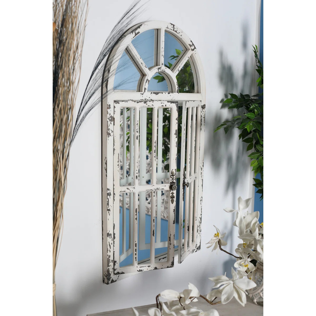 Mao Wood Window Pane Inspired 2 Door White Wall Mirror with Arched Top and Distressing | Wayfair North America