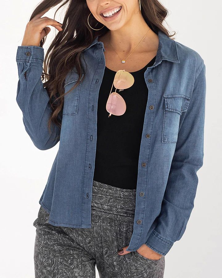 Stretch Chambray Button Top in Classic Wash - Grace and Lace | Grace and Lace