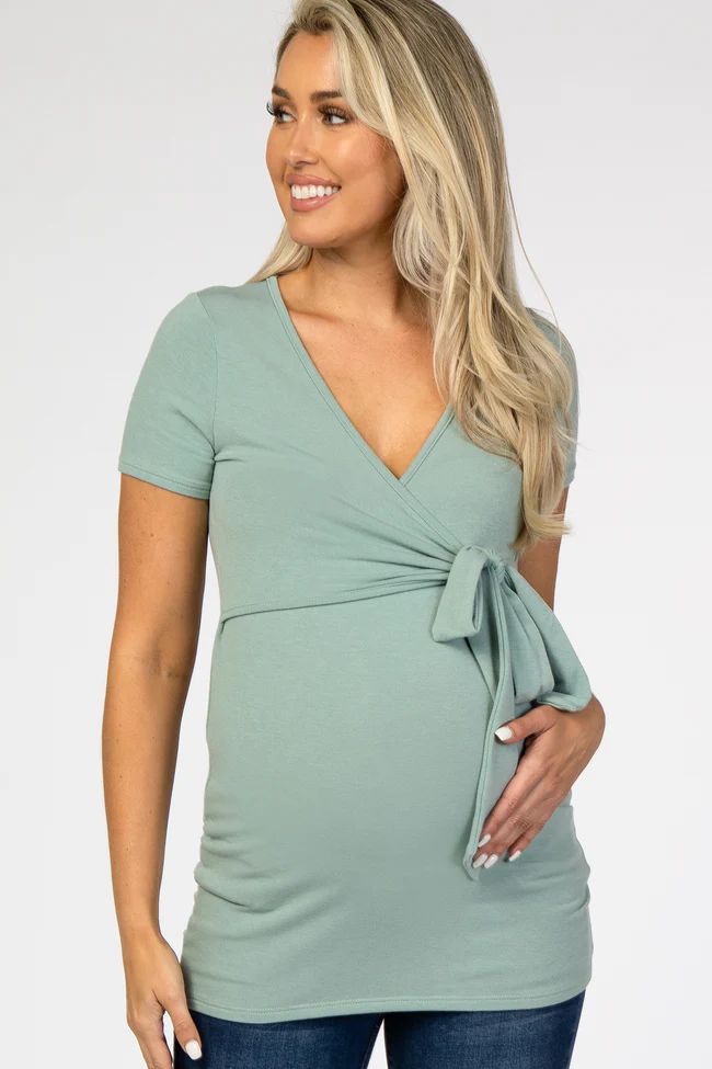 Mint Green Wrap Front Tie Maternity/Nursing Top | PinkBlush Maternity