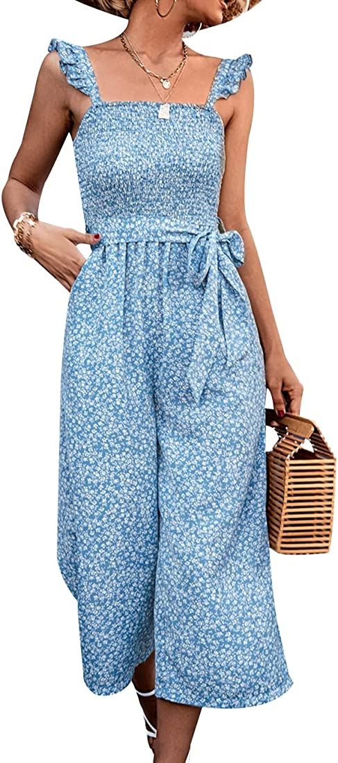 Gihuo Women’s Floral Wide Leg Jumpsuits Ruffle Sleeveless Smock Long Rompers with Pockets | Amazon (US)
