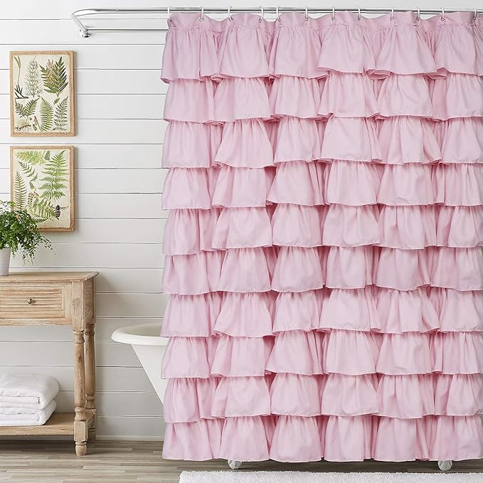 Volens Pink Ruffle Shower Curtain Farmhouse Rustic Fabric Cloth Shower Curtains for Bathroom, 72"... | Amazon (US)