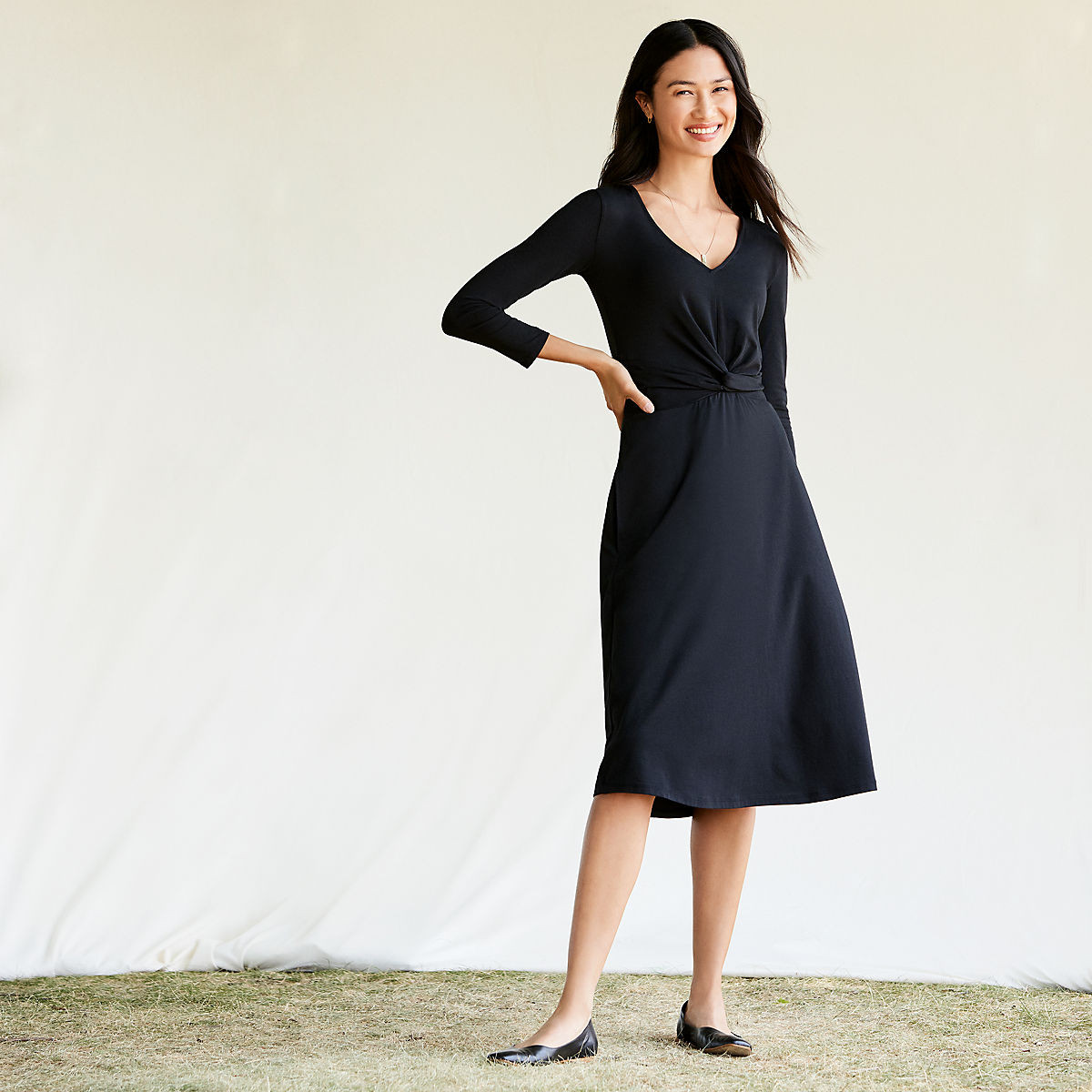 Women's Lightweight Cotton Modal 3/4 Sleeve Fit and Flare V-Neck Dress | Lands' End (US)