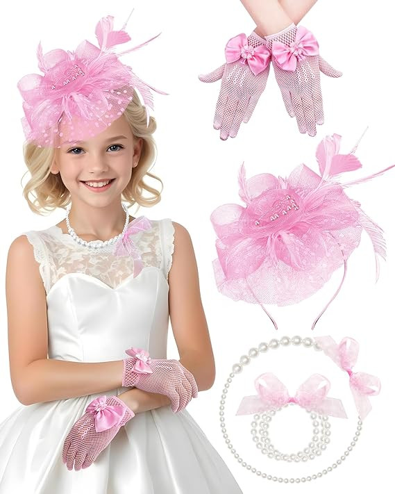Girls Tea Party Fascinators Hats Lace Gloves Pearl Necklace Set for Wedding 1920s Tea Party Acces... | Amazon (US)