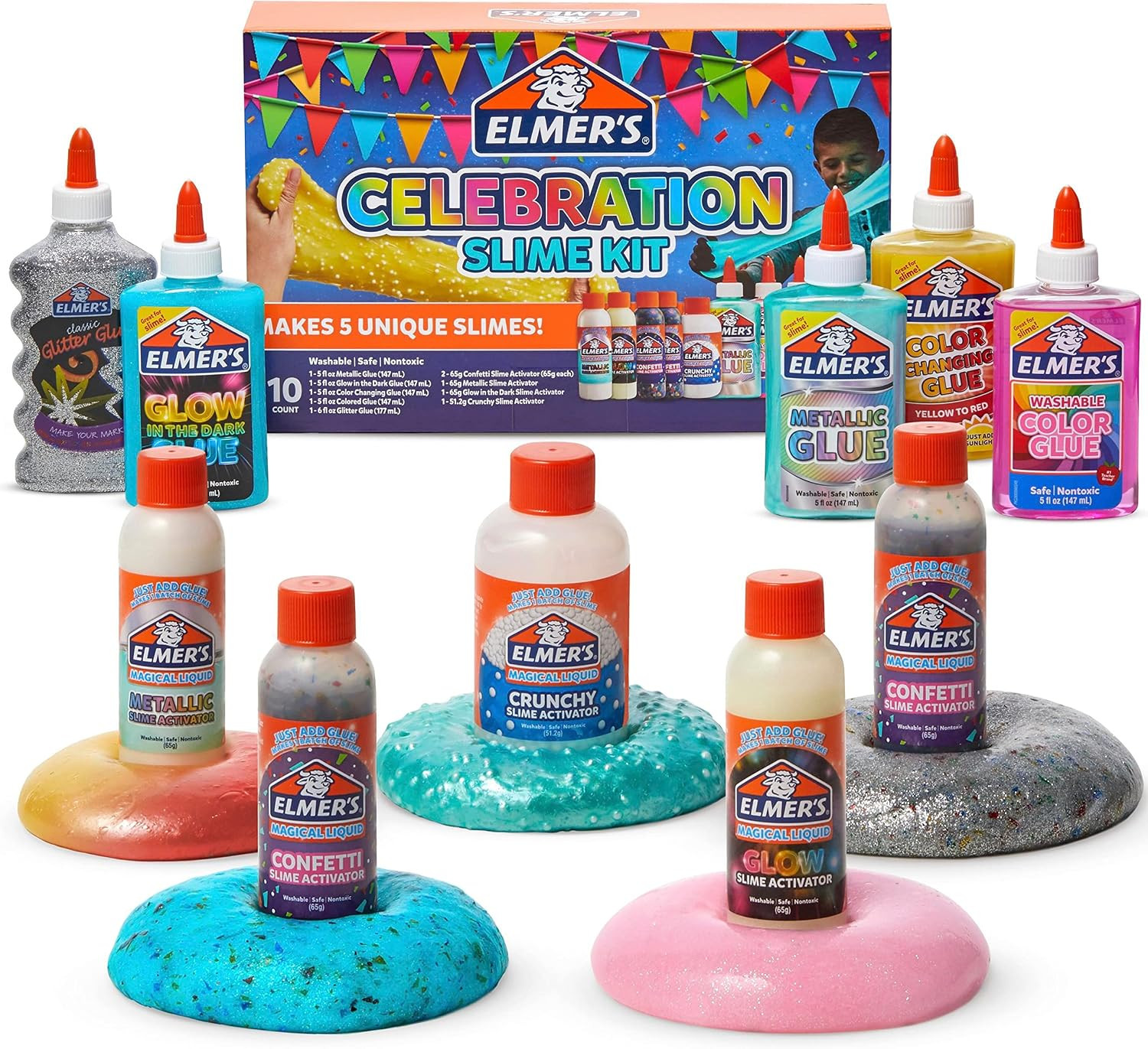 Elmer's Celebration Slime Kit, Complete Slime Supplies, Includes Assorted Magical Liquid Slime Activators and Liquid Glues, 10 Count - Kids Activity, Creative Fun, Arts & Crafts | Amazon (US)