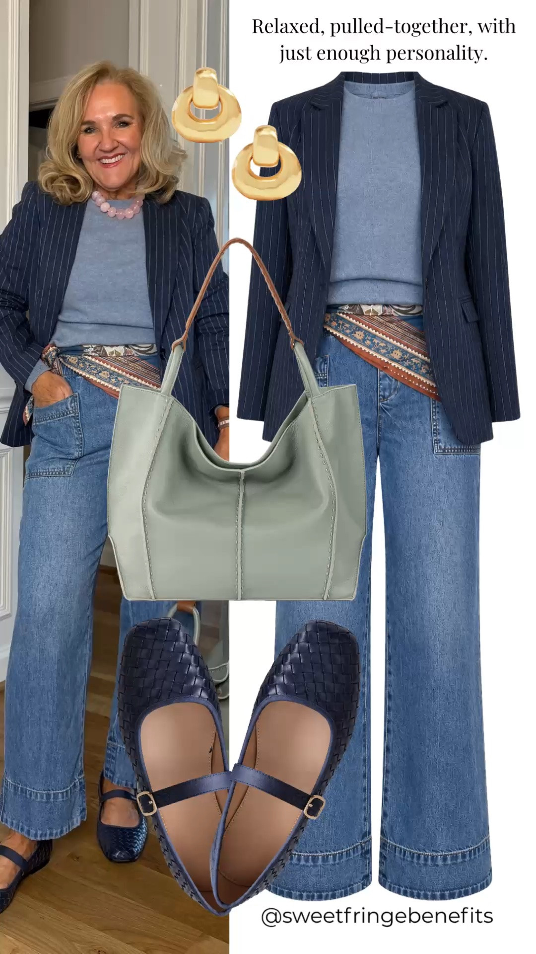 This navy pinstripe blazer makes relaxed denim feel instantly pulled together. Paired with a soft blue top, wide-leg jeans, and a patterned scarf at the waist, it has just enough personality without feeling overdone.

💡 LTK MADE EASY
❤️ Heart = Support my posts!
🔖 Save = Get sale & restock alerts
📋 Lists = Keep favorites organized
📲 Share = Send lists and products to a friend. Hello, Christmas List!
💬 Comment = Ask me anything about what I'm wearing.:-)

#LTKootd #LTKWorkwear #LTKOver40