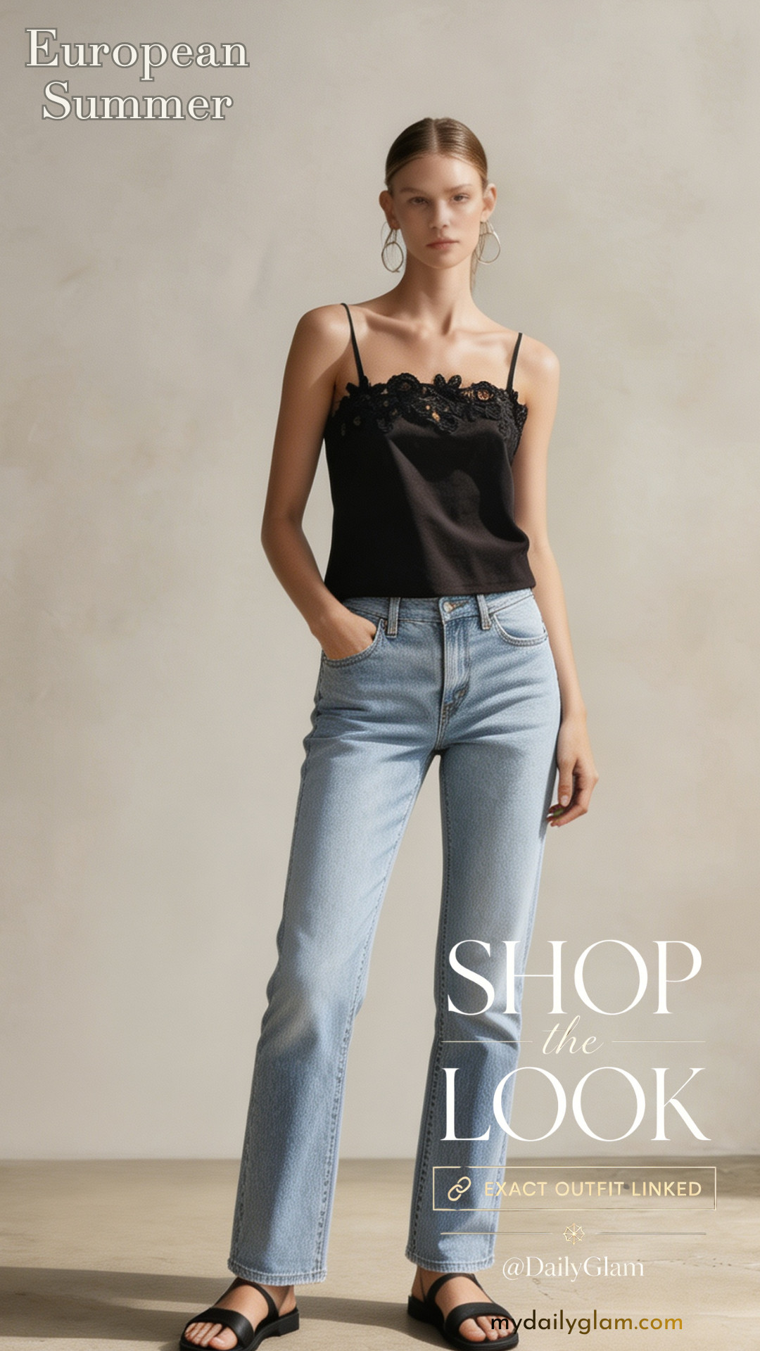 Black Floral Lace Trim Cami Top + Light Wash Straight Leg Jeans Summer Outfit#LaceCamiTop #StraightLegJeans #ParisianCasual 

 #LTKootd #LTKOver40 #LTKWorkwear