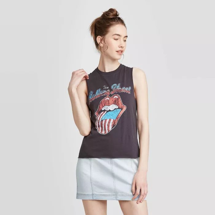 Women's Rolling Stones American Flag Graphic Tank Top - (Regular & Plus) Black | Target