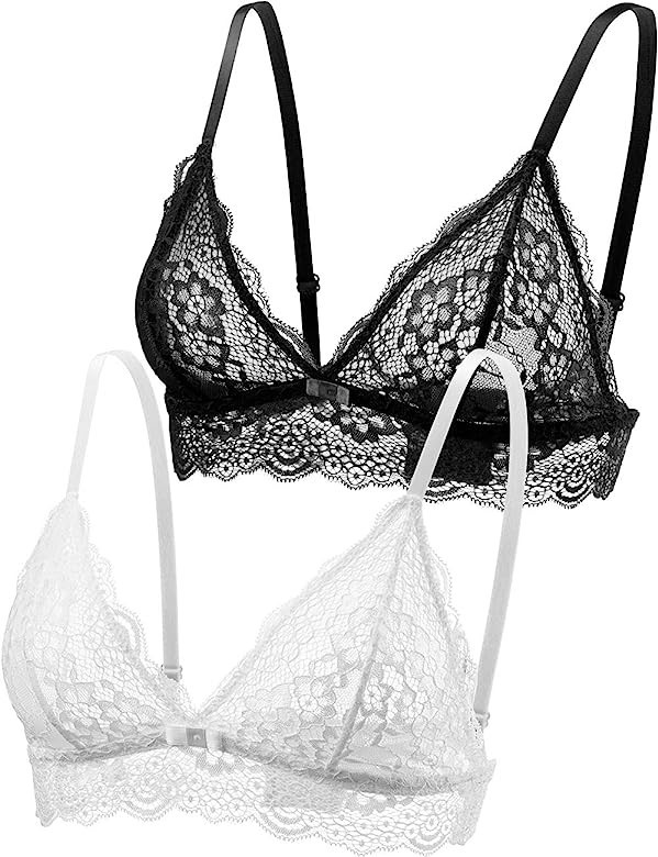 Lace Bralettes for Women No Underwire Sexy Triangle See Thru V Neck Unppaded Bra | Amazon (US)