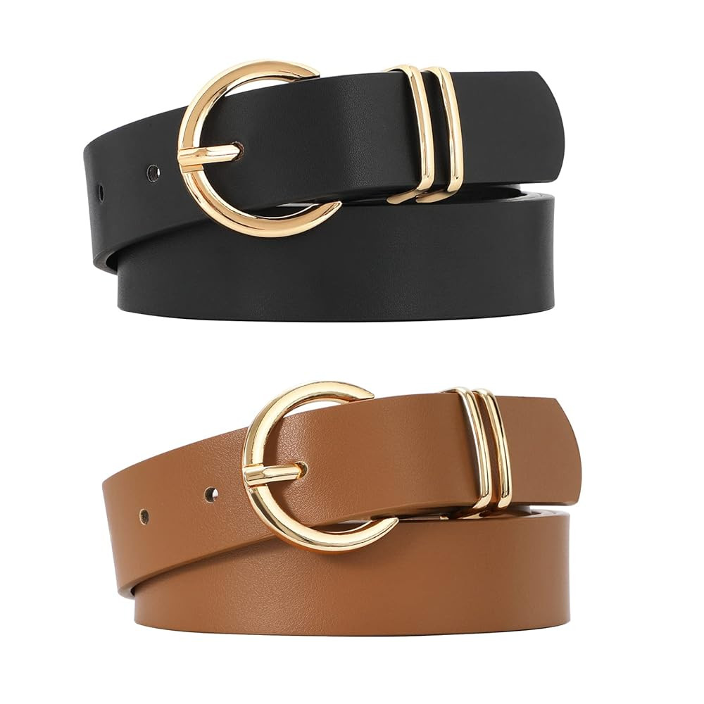 VONMELLI 2 Pack Women's Leather Belts for Jeans Dresses Fashion Gold Buckle Ladies Belt | Amazon (US)