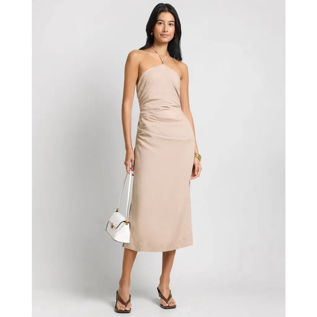 Onia Air Linen Ruched Halter Dress in Jute at Nordstrom, Size 2 | Nordstrom