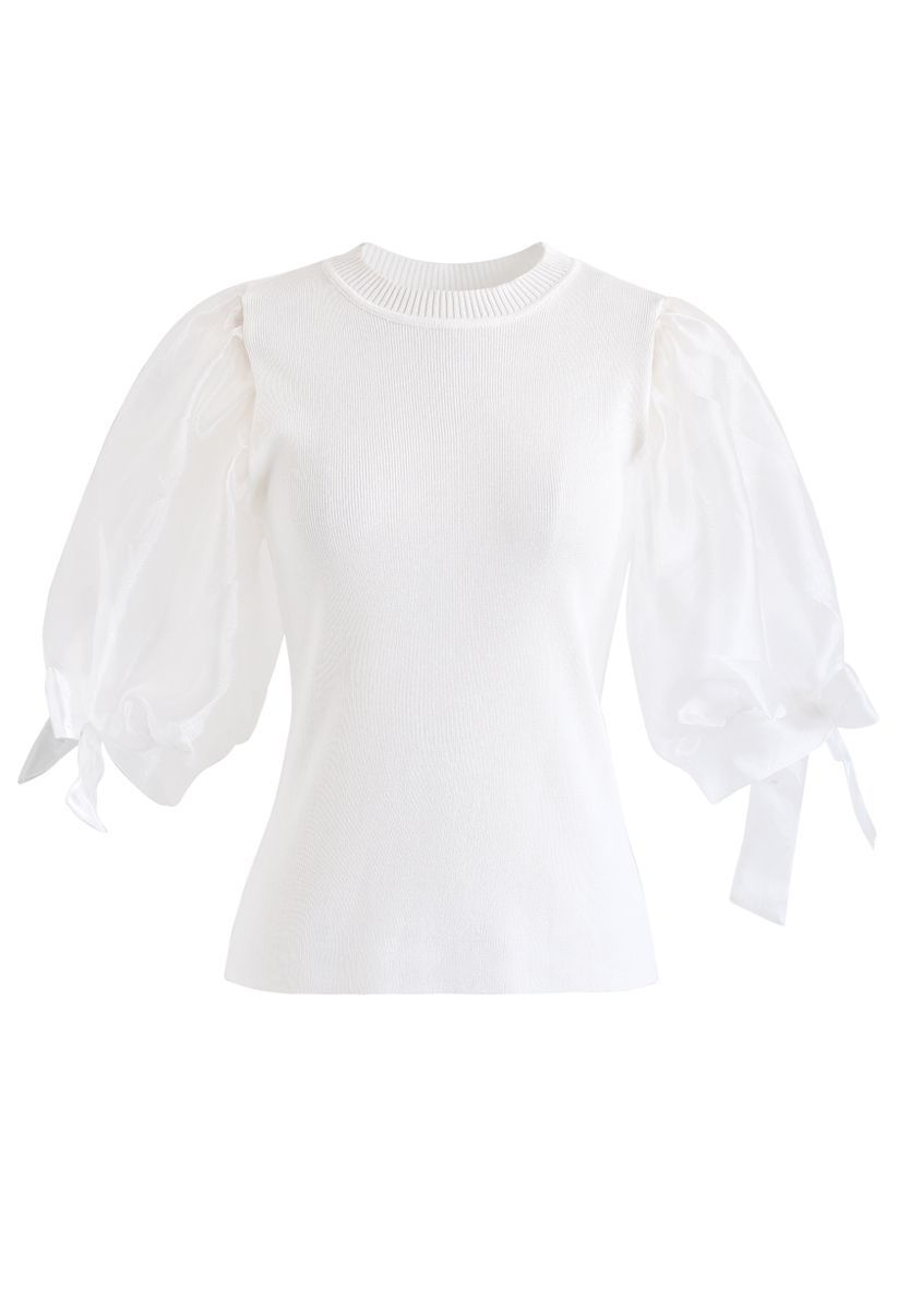 Organza Bubble Sleeves Knit Top in White | Chicwish