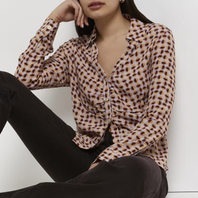 Orange geometric print ruched shirt | River Island (UK & IE)