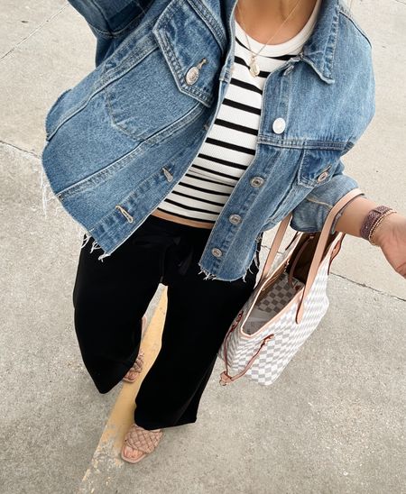 (Use code JANUARY10 off my essential black knit pants) Spring outfit, summer outfit, black and white stripe tank top, cropped tank top, cropped denim jean jacket, black knit wide leg pants with elastic waistband, sandals

#LTKfindsunder100 #LTKfindsunder50 #LTKover40