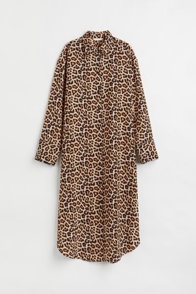 Calf-length dress in jacquard-weave fabric. Collar, buttons at front, dropped shoulders, and long... | H&M (US + CA)