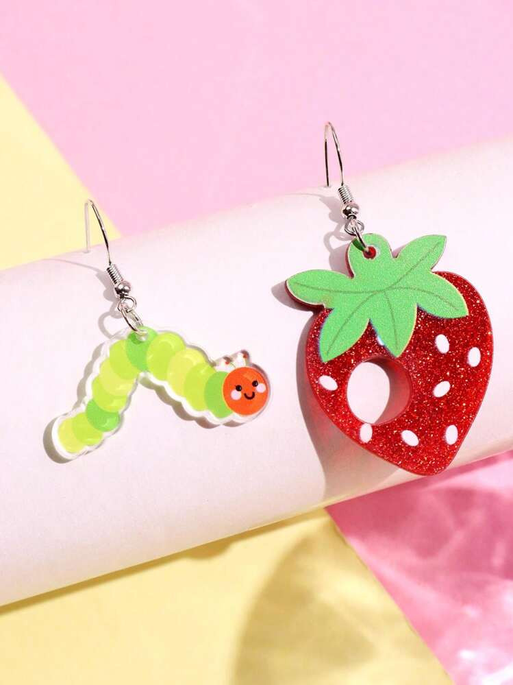 1 Pair Creative, Unique Acrylic Hungry Caterpillar Eating Red Strawberry Design Earrings, Women's Holiday Party Jewelry | SHEIN