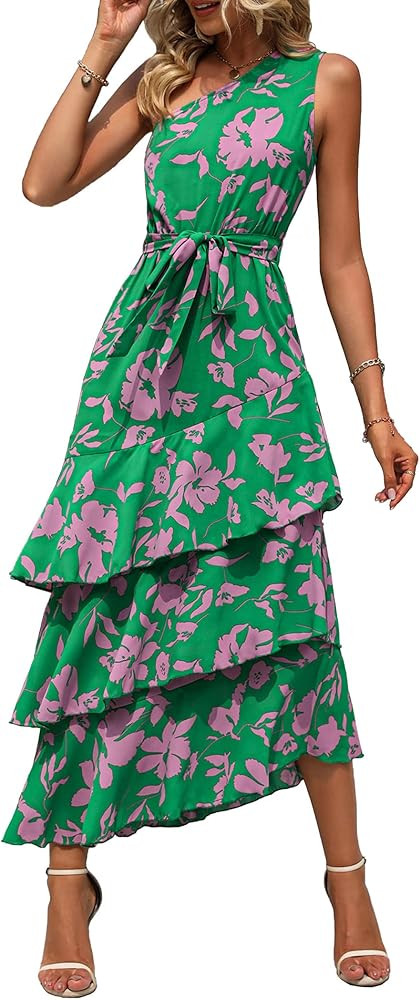 PRETTYGARDEN Women's Summer Floral Sundress Casual One Shoulder Tiered Ruffle Flowy Midi Beach Bo... | Amazon (US)