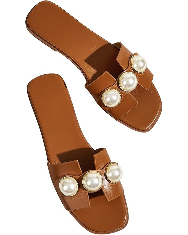 Verdusa Women's Flat Sandals Pearl Sandals Square Toe Summer Slip On Flat Shoes | Amazon (US)
