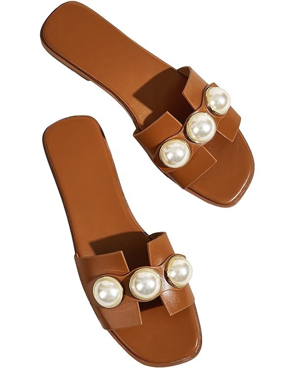 Verdusa Women's Cut Out Pearls Flat Sandals Square Toe Slip On Slides | Amazon (US)