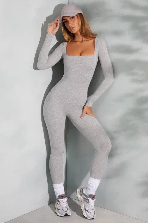 Petite Square Neck Long Sleeve Jumpsuit in Ivory | Oh Polly