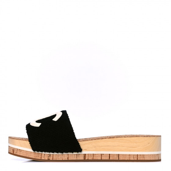 CHANEL Tweed Cork CC Mule Sandal 38 Black | Fashionphile