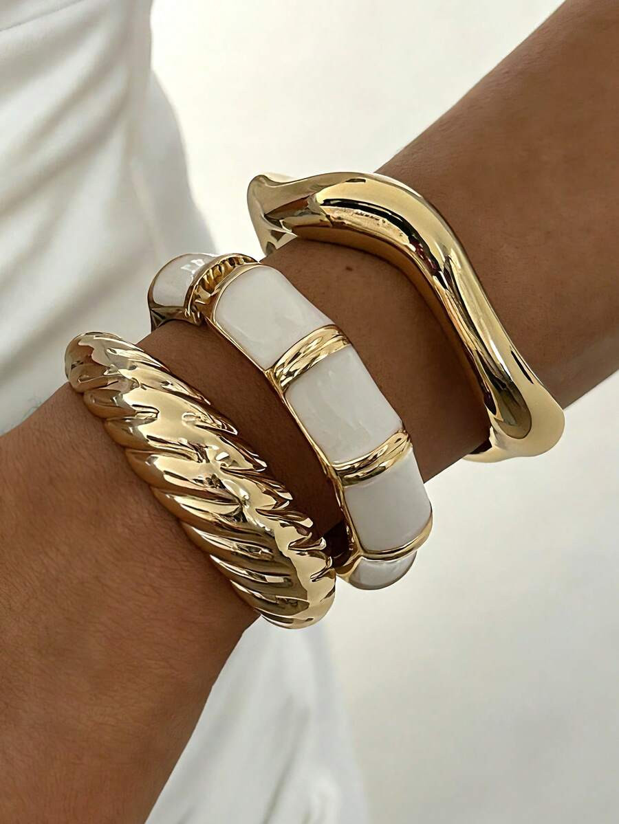 3pcs/1pc Vintage Elegant Casual Bohemian Style Gold CCB Open Bangle And White Acrylic Metal Brace... | SHEIN