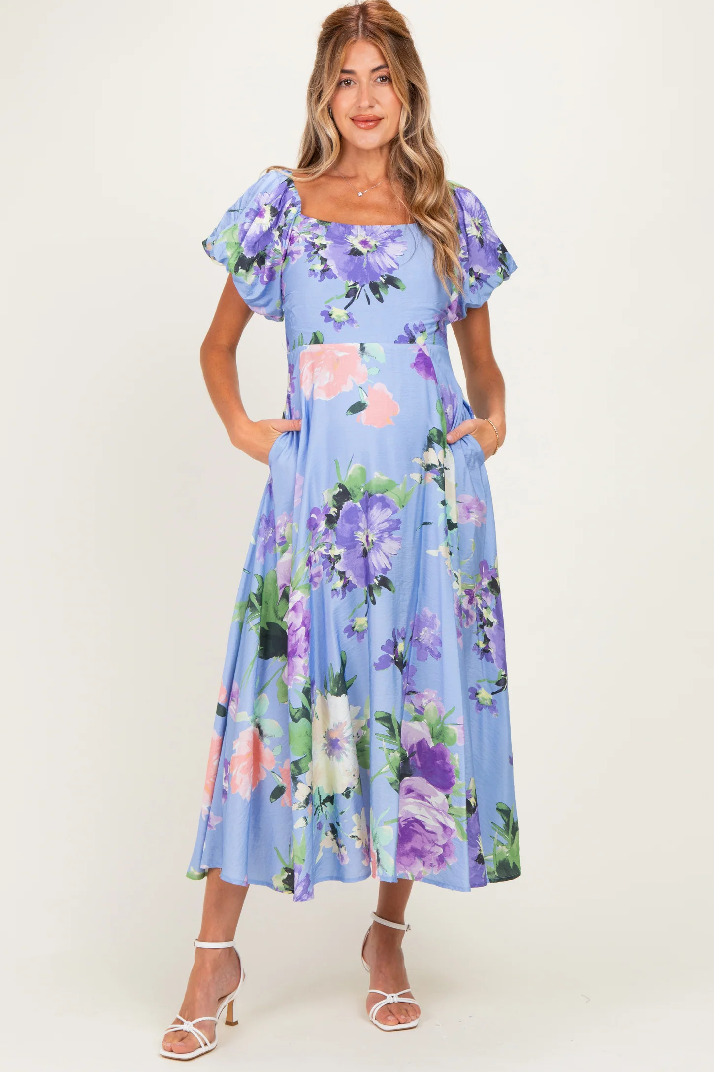 Periwinkle Floral Off Shoulder Balloon Sleeve Maternity Midi Dress | PinkBlush Maternity