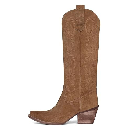 Erocalli Cowgirl Cowboy Western Brown Knee High Boots Women Fall Chunky Block High Heel Tall Long Fashion Boot Side Zipper | Amazon (US)