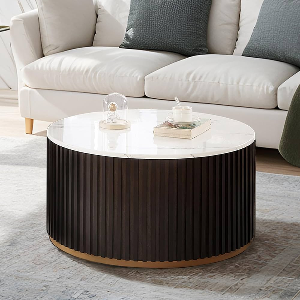 Round Wood Coffee Table with Marble Lid ＆ Hidden Storage, Modern Circle Handcraft Drum Coffee T... | Amazon (US)